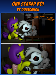 Size: 4000x5378 | Tagged: safe, artist:goatcanon, oc, oc only, oc:lemontwist, oc:servo, pony, robot, robot pony, unicorn, 2 panel comic, 3d, comic, couple, food, halloween, holiday, movie, movie poster, popcorn, scared, shaun of the dead, source filmmaker, television