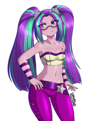 Size: 3600x4500 | Tagged: safe, artist:danmakuman, aria blaze, human, equestria girls, g4, my little pony equestria girls: rainbow rocks, bandeau, bare shoulders, belly button, clothes, female, glasses, looking at you, midriff, pants, pigtails, simple background, sleeveless, solo, strapless, transparent background, twintails