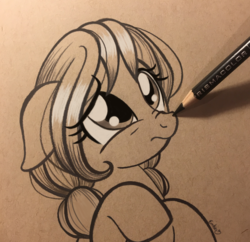 Size: 2825x2736 | Tagged: safe, artist:emberslament, oc, oc only, oc:cherry blossom, earth pony, pony, boop, colored pencils, female, high res, mare, monochrome, pencil, pencil boop, photo, solo, traditional art, uncertain