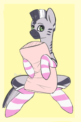 Size: 3000x4500 | Tagged: safe, artist:akva, artist:akva2000, oc, oc only, oc:zebra north, zebra, clothes, crossdressing, femboy, hug, male, pillow, pillow hug, socks, stallion, striped socks, zebra oc