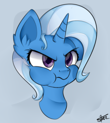 Size: 1280x1428 | Tagged: safe, artist:starmaster, trixie, pony, unicorn, g4, angry, bust, cute, diatrixes, ear fluff, female, head, madorable, mare, portrait, puffy cheeks, simple background, solo