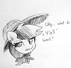 Size: 1280x1223 | Tagged: safe, artist:tjpones, applejack, earth pony, pony, g4, applejack also dresses in style, black and white, bust, female, goth, grayscale, lineart, mare, monochrome, speech, y'all
