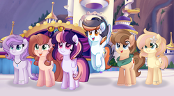 Size: 5000x2750 | Tagged: safe, artist:moon-rose-rosie, oc, oc only, oc:celestial moon, oc:chocolate sprinkles, oc:crystal flame, oc:golden apple, oc:magnolia, oc:shining ray, dracony, earth pony, hybrid, pegasus, pony, unicorn, base used, female, interspecies offspring, magical lesbian spawn, male, mare, movie accurate, offspring, parent:applejack, parent:bulk biceps, parent:caramel, parent:cheese sandwich, parent:fluttershy, parent:pinkie pie, parent:rainbow dash, parent:rarity, parent:soarin', parent:spike, parent:spitfire, parent:twilight sparkle, parents:carajack, parents:cheesepie, parents:flutterbulk, parents:soarinfire, parents:sparity, parents:twidash, stallion