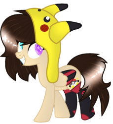 Size: 791x865 | Tagged: safe, artist:space--paws0w0, oc, oc only, oc:asheley, pegasus, pikachu, pony, clothes, colored wings, female, hat, heterochromia, mare, multicolored wings, nintendo, poké ball, pokémon, simple background, socks, solo, thigh highs, transparent background