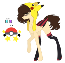 Size: 1741x1693 | Tagged: safe, artist:space--paws0w0, oc, oc only, oc:asheley, pegasus, pikachu, pony, clothes, colored wings, female, hat, heterochromia, mare, multicolored wings, nintendo, poké ball, pokémon, raised hoof, simple background, socks, solo, thigh highs, transparent background
