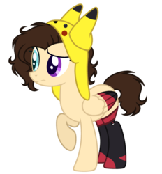Size: 861x928 | Tagged: safe, artist:space--paws0w0, oc, oc only, oc:asheley, pegasus, pikachu, pony, clothes, colored wings, female, hat, heterochromia, mare, multicolored wings, nintendo, poké ball, pokémon, raised hoof, simple background, socks, solo, thigh highs, transparent background