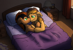 Size: 2844x1944 | Tagged: safe, artist:moemneop, oc, oc:mo, oc:steel strings, earth pony, pegasus, pony, bed, gay, kissing, male, morning, oc x oc, romance, shipping