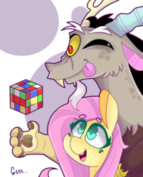 Size: 1024x1271 | Tagged: safe, artist:opossum-stuff, discord, fluttershy, draconequus, pegasus, pony, g4, abstract background, beanbrows, bust, duo, eyebrows, female, looking at something, mare, one eye closed, rubik's cube, smiling, tongue out, wink