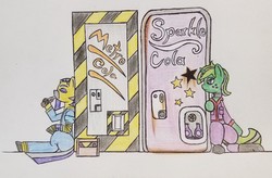 Size: 1665x1089 | Tagged: safe, artist:dice warwick, artist:dice-warwick, oc, oc only, oc:lime dream, oc:sizzle cymbal, pony, unicorn, fallout equestria, clothes, competition, jumpsuit, mirage pony, soda, sparkle cola, traditional art, vending machine
