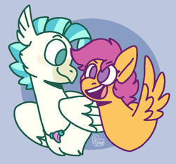Size: 660x616 | Tagged: safe, artist:sandwichbuns, scootaloo, terramar, classical hippogriff, hippogriff, pony, g4, female, interspecies, male, ship:terraloo, shipping, straight