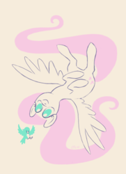 Size: 691x953 | Tagged: safe, artist:donkeyinthemiddle, fluttershy, bird, pegasus, pony, g4, female, flying, limited palette, mare, no pupils, on back, simple background, smiling, solo, spread wings, wings