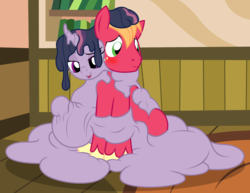 Size: 2370x1830 | Tagged: safe, artist:badumsquish, derpibooru exclusive, big macintosh, mean twilight sparkle, earth pony, goo pony, monster pony, original species, pony, g4, the mean 6, belly, bellyrubs, big belly, blushing, bound, clone, cuddling, embarrassed, female, freckles, holding, looking away, looking down, male, melting, pregnant, puddle, ship:twimac, shipping, show accurate, sitting, smiling, smirk, species swap, straight, unshorn fetlocks