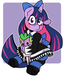 Size: 1024x1230 | Tagged: safe, artist:befishproductions, spike, twilight sparkle, alicorn, dragon, pony, g4, anarchy stocking, bow, clothes, cosplay, costume, female, hair bow, honekoneko, panty and stocking with garterbelt, plushie, simple background, stockinglight, transparent background, twilight sparkle (alicorn)