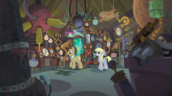 Size: 1440x808 | Tagged: safe, screencap, derpy hooves, doctor whooves, time turner, earth pony, pegasus, pony, g4, slice of life (episode), bowtie, doctor whooves' lab, duo, female, flameless fireworks, interior, laboratory, machinery, male, mare, stallion