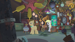 Size: 1440x810 | Tagged: safe, screencap, derpy hooves, doctor whooves, time turner, earth pony, pegasus, pony, g4, slice of life (episode), bowtie, doctor whooves' lab, duo, female, flameless fireworks, laboratory, machinery, male, mare, narrowed eyes, stallion