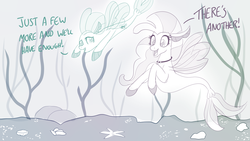 Size: 1152x648 | Tagged: safe, artist:sintakhra, ocellus, silverstream, changedling, changeling, seapony (g4), starfish, tumblr:studentsix, g4, cute, diaocelles, diastreamies, disguise, disguised changeling, jewelry, kelp, monochrome, necklace, post-it, seaponified, seapony ocellus, seapony silverstream, seashell, seaweed, shells, simple background, species swap, speech bubble, swimming, tumblr, underwater, white background