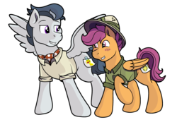 Size: 926x666 | Tagged: safe, artist:littletigressda, daring do, doctor caballeron, rumble, scootaloo, pegasus, pony, g4, clothes, commission, cosplay, costume, fake cutie mark, female, hat, male, ship:rumbloo, shipping, straight