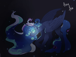 Size: 2309x1732 | Tagged: safe, artist:zortie, princess luna, alicorn, pony, g4, dark background, female, glowing eyes, horn, simple background, slit pupils, solo, wings