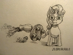 Size: 1200x900 | Tagged: safe, artist:sa1ntmax, sweetie belle, pony, g4, :i, inktober, inktober 2018, kick, monochrome, sweat, table, traditional art, vase