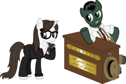 Size: 1094x730 | Tagged: safe, artist:colonel-majora-777, raven, pony, unicorn, g4, clothes, duo, duo male and female, female, glasses, male, night out, pants, simple background, suit, transparent background