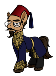 Size: 4000x5401 | Tagged: safe, artist:poecillia-gracilis19, oc, oc only, oc:tarboush pasha, earth pony, pony, 2019 community collab, derpibooru community collaboration, beard, clothes, facial hair, fez, glasses, hat, ottoman, ottomane, simple background, solo, transparent background