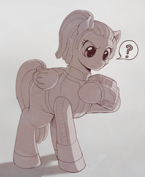 Size: 1204x1471 | Tagged: dead source, safe, artist:evomanaphy, oc, oc only, pegasus, pony, fallout equestria, clothes, fallout, female, gradient background, grayscale, mare, monochrome, question mark, sketch, solo, suit
