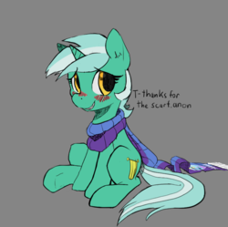 Size: 680x676 | Tagged: safe, artist:mewball, lyra heartstrings, pony, unicorn, g4, 4chan cup, 4chan cup scarf, blushing, clothes, dialogue, female, gray background, implied anon, mare, scarf, simple background, sitting, smiling, solo, talking