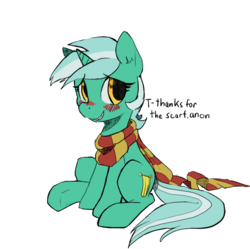 Size: 680x676 | Tagged: safe, artist:mewball, color edit, edit, lyra heartstrings, pony, unicorn, g4, blushing, clothes, colored, female, implied anon, scarf, simple background, sitting, smiling, solo, talking, transparent background