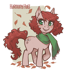 Size: 3026x3272 | Tagged: safe, artist:taytinabelle, derpibooru exclusive, oc, oc only, oc:harmony hugs, earth pony, pony, autumn, autumn leaves, blushing, clothes, cute, female, freckles, green eyes, heart eyes, high res, leaves, looking at you, mare, raised hoof, red hair, scarf, secret santa, simple background, solo, white background, wingding eyes