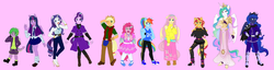 Size: 2964x756 | Tagged: safe, artist:fallenangel5414, applejack, fluttershy, pinkie pie, princess celestia, princess luna, rainbow dash, rarity, spike, starlight glimmer, sunset shimmer, twilight sparkle, alicorn, dragon, anthro, plantigrade anthro, g4, bare shoulders, boots, chaps, clothes, coat, dress, female, floppy ears, frilly dress, high heels, jacket, mane seven, mane six, mare, necktie, pantyhose, pink background, pleated skirt, royal sisters, shoes, shorts, simple background, skirt, smiling, sneakers, stockings, sweater, sweatershy, thigh highs, vest