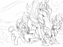 Size: 1397x1048 | Tagged: safe, artist:firimil, princess celestia, raven, oc, oc:alternia, changeling, pony, unicorn, g4, armor, changelingified, fanfic art, glasses, hair bun, jewelry, lineart, magic, princess chryslestia, regalia, scroll, species swap, telekinesis