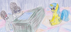 Size: 1053x475 | Tagged: safe, artist:scurilevensteinother, lemon hearts, writing desk, earth pony, pony, unicorn, g4, glasses, hair bun, job interview, traditional art