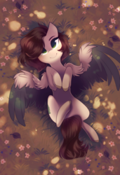 Size: 1300x1900 | Tagged: safe, artist:kirionek, oc, oc only, oc:pacific pine, pegasus, pony, colored hooves, commission, cute, dappled sunlight, female, flower, high angle, hooves to the chest, looking up, mare, on back, outdoors, overhead view, smiling, solo, spread wings, wings, ych result