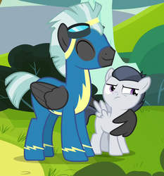 Size: 660x708 | Tagged: safe, screencap, rumble, thunderlane, pegasus, pony, g4, marks and recreation, brothers, clothes, colt, cropped, hug, male, smiling, uniform, winghug, wings, wonderbolts uniform