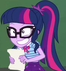 Size: 800x871 | Tagged: safe, screencap, sci-twi, twilight sparkle, equestria girls, equestria girls series, forgotten friendship, g4, animated, cropped, female, geode of telekinesis, gif, grin, implied micro chips, laughing, magical geodes, paper, smiling, solo focus