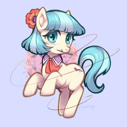 Size: 2483x2483 | Tagged: safe, artist:taytinabelle, coco pommel, earth pony, pony, g4, blue background, cocobetes, cute, female, high res, looking at you, mare, mouth hold, rearing, sewing needle, simple background, smiling, smiling at you, solo, thread, wingding eyes