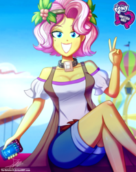 Size: 920x1160 | Tagged: safe, artist:the-butch-x, part of a set, vignette valencia, human, equestria girls, equestria girls specials, g4, my little pony equestria girls: better together, my little pony equestria girls: rollercoaster of friendship, bare shoulders, beauty mark, breasts, busty vignette valencia, butch's hello, cellphone, cleavage, clothes, equestria girls logo, explicit source, female, legs, looking at you, peace sign, phone, signature, sitting, smartphone, smiling, solo