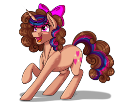 Size: 3200x2800 | Tagged: safe, artist:jack-pie, oc, oc only, oc:sweet hearts, pony, unicorn, bow, female, high res, horn, long horn, open mouth, raised hoof, simple background, solo, transparent background