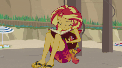 Size: 800x450 | Tagged: safe, screencap, sunset shimmer, equestria girls, equestria girls series, forgotten friendship, g4, animated, book, clothes, feet, female, flip-flops, gif, headbang, legs, loop, out of context, sandals, sarong, sleeveless, solo, swimsuit
