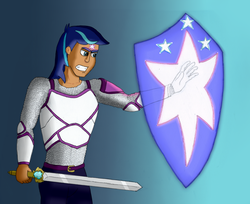 Size: 3072x2512 | Tagged: safe, artist:allonsbro, shining armor, human, g4, armor, high res, humanized, magic, shield, sword, weapon