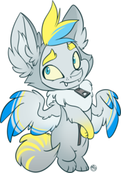 Size: 1376x1968 | Tagged: safe, artist:kez, oc, oc only, oc:cirrus sky, semi-anthro, animal costume, bipedal, chest fluff, chibi, clothes, costume, crossed arms, cute, ear fluff, fangs, fluffy, halloween, halloween costume, holiday, puppy dog eyes, smiling, solo, wolf costume, zipper