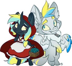 Size: 2157x1968 | Tagged: safe, artist:kez, oc, oc only, oc:cirrus sky, oc:electro current, unicorn, semi-anthro, animal costume, arm hooves, basket, bipedal, blushing, chest fluff, chibi, cirrent, clothes, costume, crossed arms, cute, dress, ear fluff, fangs, female, fluffy, halloween, halloween costume, holiday, hood, little red riding hood, male, oc x oc, picnic basket, puppy dog eyes, shipping, smiling, straight, thinking, wolf costume, zipper