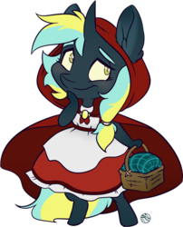 Size: 1321x1631 | Tagged: safe, artist:kez, oc, oc only, oc:electro current, unicorn, semi-anthro, arm hooves, basket, bipedal, blushing, chibi, clothes, costume, dress, halloween, halloween costume, holiday, hood, little red riding hood, picnic basket, solo, thinking