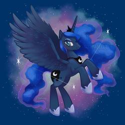 Size: 4169x4169 | Tagged: safe, artist:taytinabelle, princess luna, alicorn, pony, g4, absurd resolution, blushing, female, jewelry, looking at you, mare, rearing, regalia, smiling, solo, stars, watermark, wingding eyes