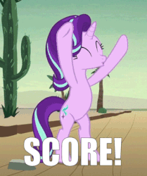 Size: 328x393 | Tagged: safe, edit, edited screencap, screencap, starlight glimmer, pony, unicorn, g4, road to friendship, animated, bipedal, caption, cropped, cute, eyes closed, female, gif, gif with captions, glimmerbetes, hooves in air, image macro, impact font, loop, mare, meme, open mouth, smiling, solo, sports, text