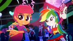 Size: 1920x1080 | Tagged: safe, screencap, captain planet, golden hazel, rainbow dash, rose heart, scootaloo, scribble dee, sophisticata, sweet leaf, velvet sky, equestria girls, g4, my little pony equestria girls: summertime shorts, raise this roof, background human, cute, cutealoo, dance floor, dancing, dashabetes, duo, fall formal outfits, female, multicolored hair, rainbow hair, sleeveless, smiling