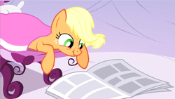 Size: 1920x1080 | Tagged: safe, screencap, applejack, earth pony, pony, g4, ponyville confidential, female, lying down, mare, newspaper, ponyville spa, reading, scrunchy face