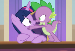 Size: 1578x1080 | Tagged: safe, screencap, spike, twilight sparkle, alicorn, dragon, pony, g4, school daze, cropped, female, male, mare, nose to nose, school of friendship, serious, twilight sparkle (alicorn), twilight's office