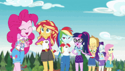 Size: 800x450 | Tagged: safe, screencap, applejack, fluttershy, pinkie pie, rainbow dash, rarity, sci-twi, spike, spike the regular dog, sunset shimmer, twilight sparkle, dog, equestria girls, g4, my little pony equestria girls: legend of everfree, animated, clothes, confetti, converse, everything is ruined, explosion, gif, goddammit pinkie, humane five, humane seven, humane six, lake, legs, now you fucked up, party grenade, pier, shoes, sleeveless, streamers, you dun goofed