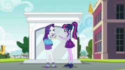 Size: 800x450 | Tagged: safe, screencap, rarity, sci-twi, twilight sparkle, human, equestria girls, g4, my little pony equestria girls: better together, text support, text support: rarity, animated, breaking the fourth wall, cellphone, duo, emoji, female, fourth wall, geode of shielding, geode of telekinesis, gif, magical geodes, phone, ponytail, rarity peplum dress, smartphone